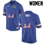 Women's Florida Gators #17 Kadarius Toney NCAA Nike Blue USA Flag Fashion Authentic Stitched College Football Jersey ONM7662AD